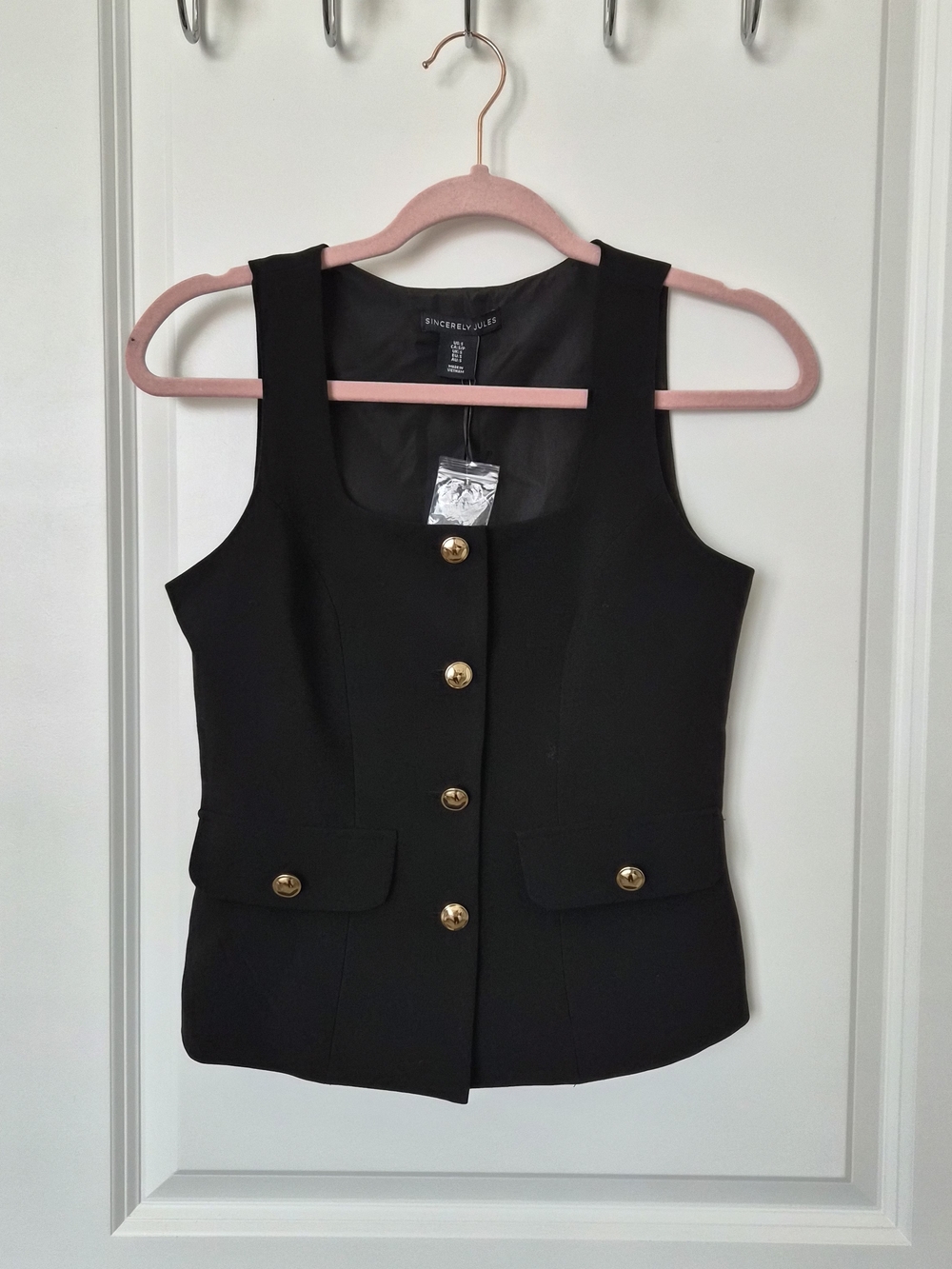 NWT Sincerly Jules Black Button-Front Tailored Vest Faux Gold Buttons Size Small